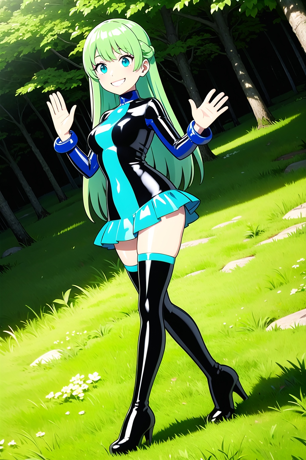 an SMD doll with a smile made of shiny latex waving,  long hair,  wearing a pompous dress made of polished latex on Tensor...