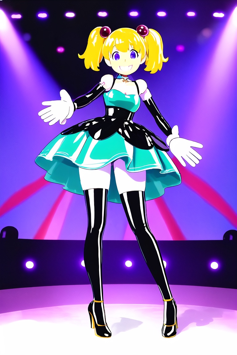 an SMD doll with a big smile made of shiny latex waving ,  long twin tails,  high heels and dress on Tensor.Art