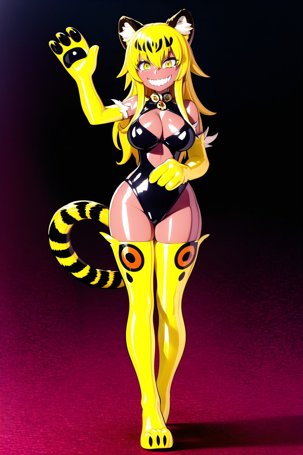 an SMD doll with a smile made of shiny latex waving,  long hair,  ocelomeh on Tensor.Art
