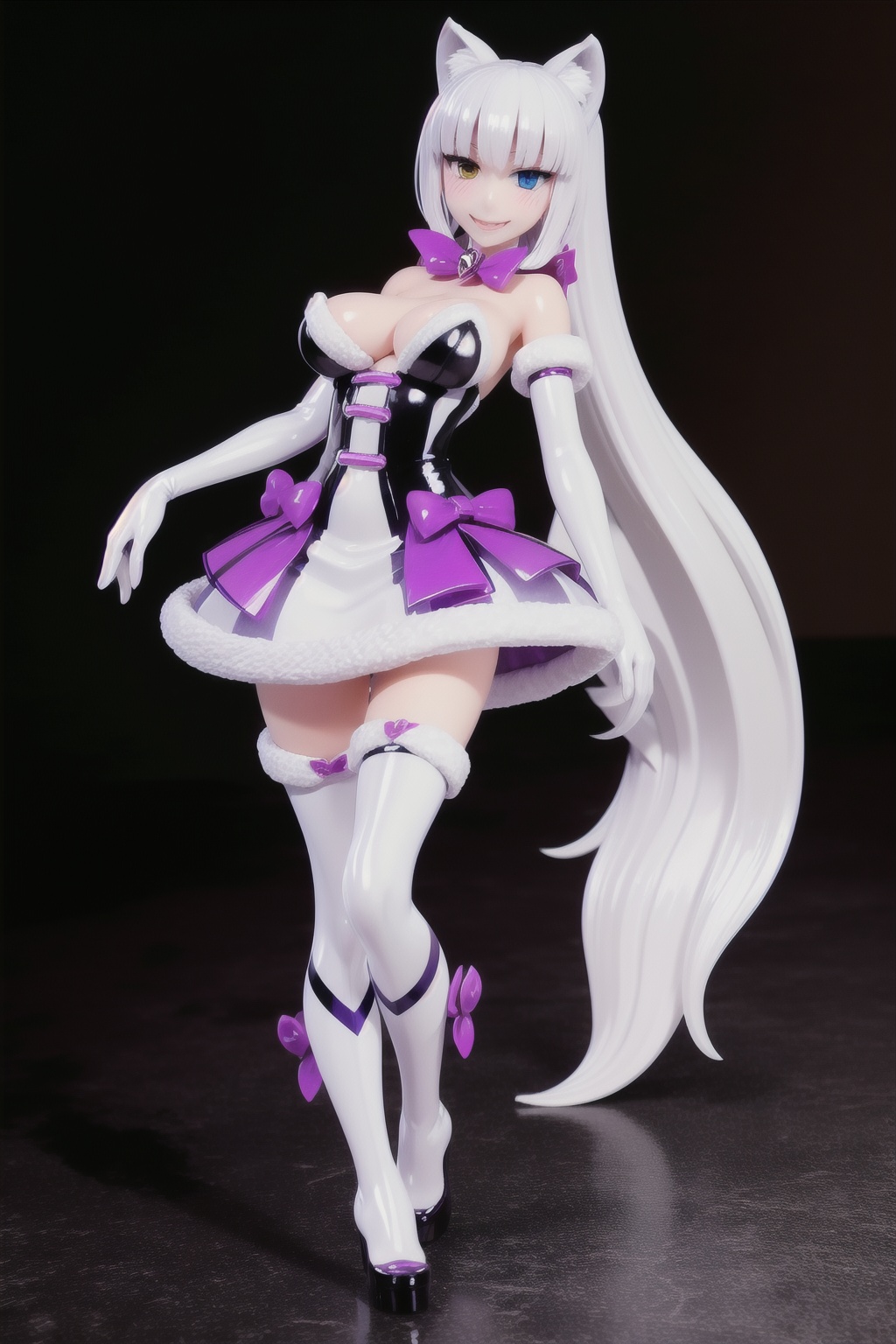 masterpiece,  A captivating image of a wolf-girl SMD doll posed in a dramatic wave. The subject's face beams with a big sm...