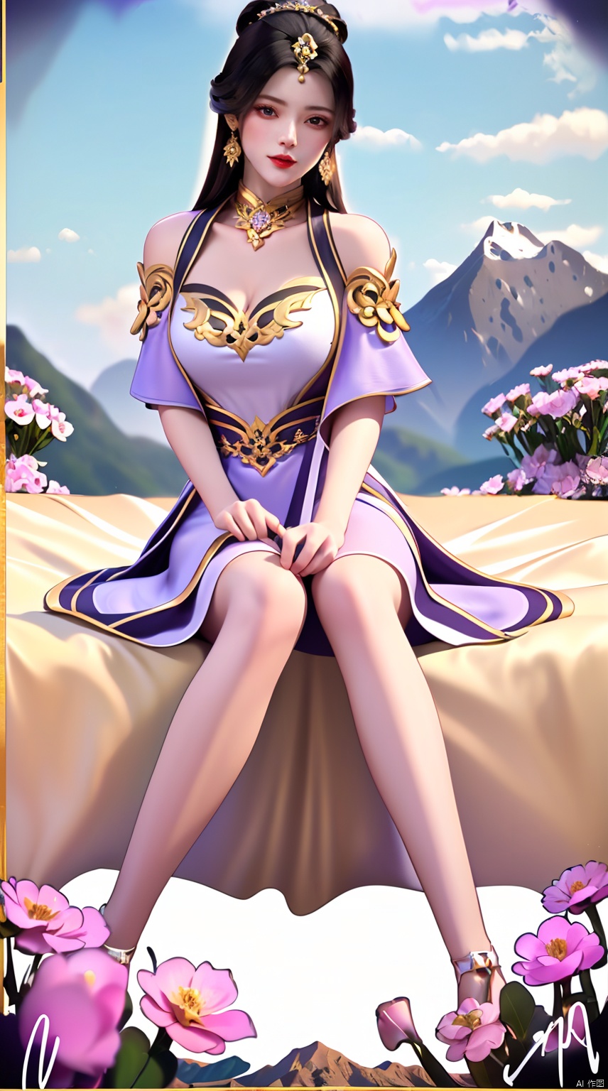 best quality, masterpiece, illustration, (reflection light), incredibly absurdres, ((Movie Poster), (signature:1.3), (English text),girl middle of flower, pure sky,clear sky, outside, collarbone, sitting, absurdly long hair, ground of flowers, thousand of flowers, colorful flowers, flowers around her, various flowers,dynamic pose,dynamic angle,((poakl)),Mountains, water, meadows,1girl,solo,black hair,hair ornament,dress,jewelry,earrings,jewelry,hair bun,red lips,long hair,dynamic pose,dynamic angle,yuanzheng,