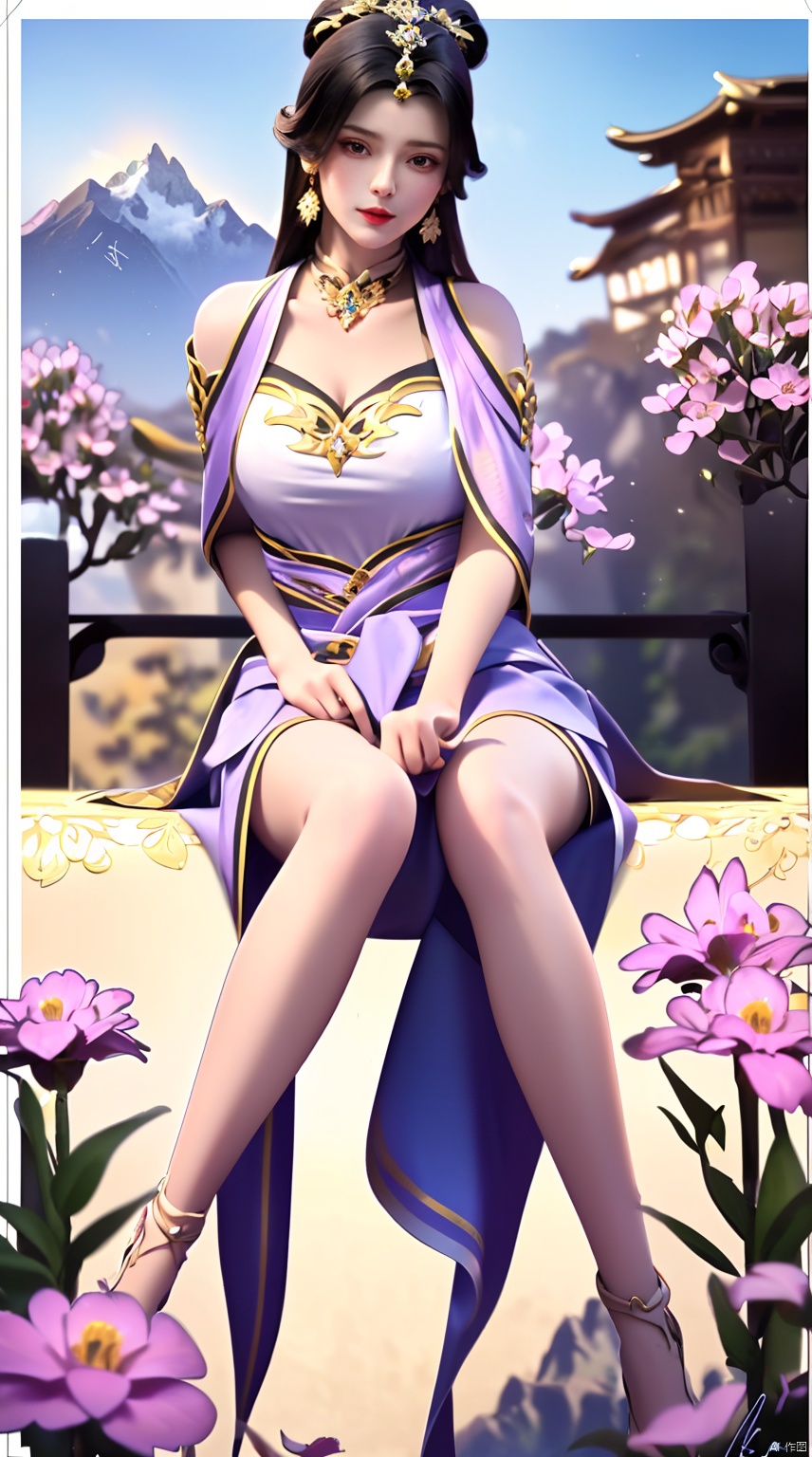 best quality, masterpiece, illustration, (reflection light), incredibly absurdres, ((Movie Poster), (signature:1.3), (English text),girl middle of flower, pure sky,clear sky, outside, collarbone, sitting, absurdly long hair, ground of flowers, thousand of flowers, colorful flowers, flowers around her, various flowers,dynamic pose,dynamic angle,((poakl)),Mountains, water, meadows,1girl,solo,black hair,hair ornament,dress,jewelry,earrings,jewelry,hair bun,red lips,long hair,dynamic pose,dynamic angle,yuanzheng,