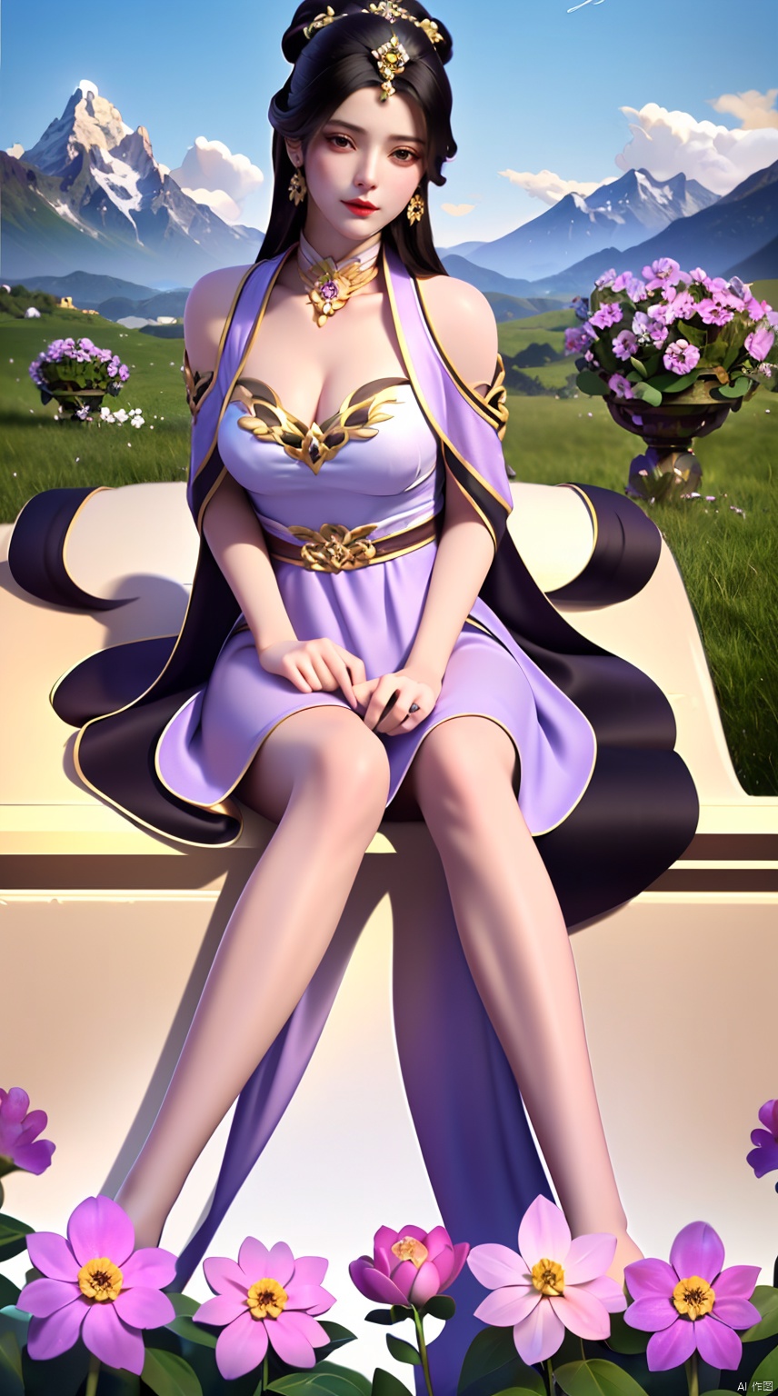 best quality, masterpiece, illustration, (reflection light), incredibly absurdres, ((Movie Poster), (signature:1.3), (English text),girl middle of flower, pure sky,clear sky, outside, collarbone, sitting, absurdly long hair, ground of flowers, thousand of flowers, colorful flowers, flowers around her, various flowers,dynamic pose,dynamic angle,((poakl)),Mountains, water, meadows,1girl,solo,black hair,hair ornament,dress,jewelry,earrings,jewelry,hair bun,red lips,long hair,dynamic pose,dynamic angle,yuanzheng,