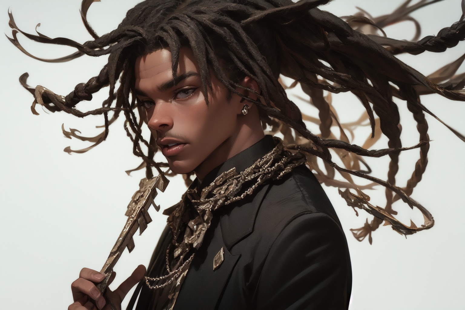 Portrait of black handsome man with dreadlocks,  dark skin,  silver jewellery on Tensor.Art