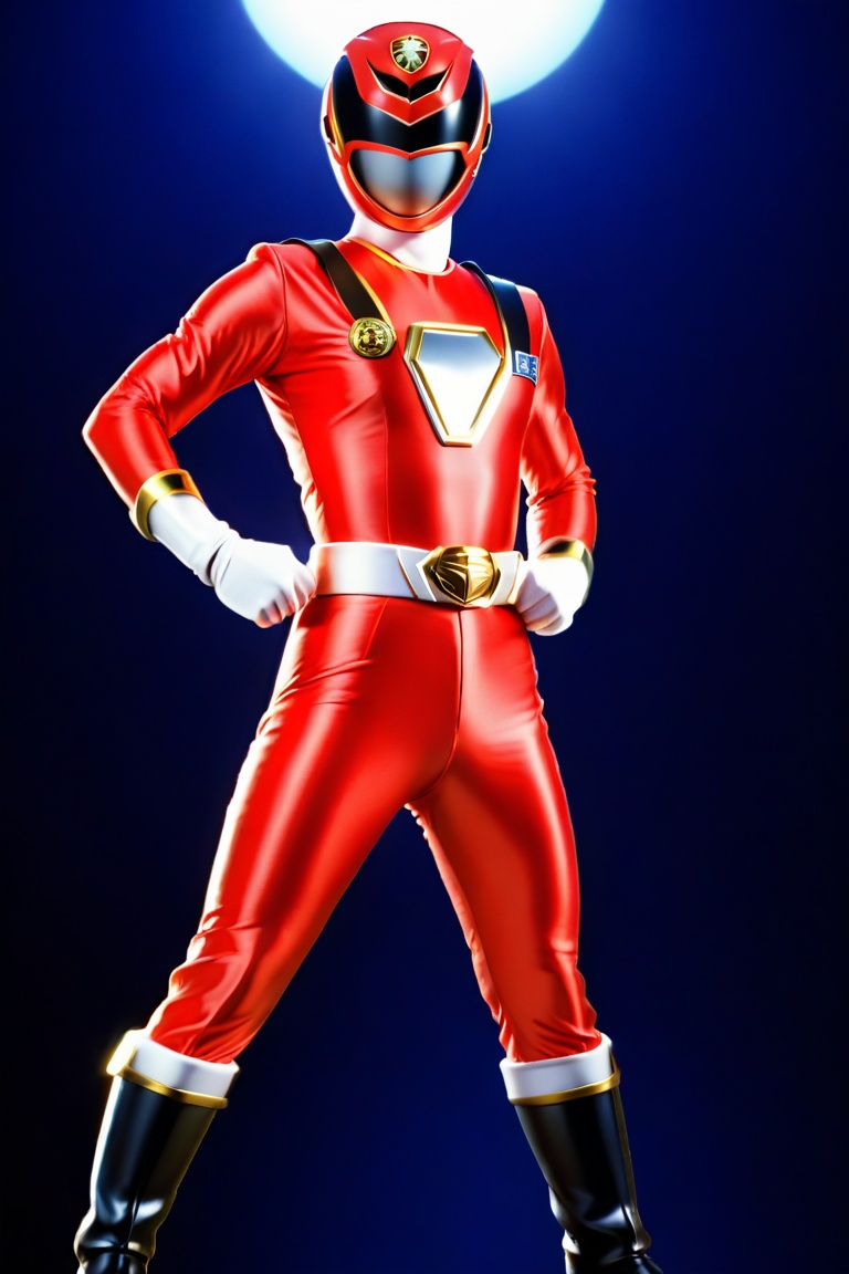 A solo Super Sentai hero in a bold red and black costume stands proudly against a simple,  dark blue background. The light...