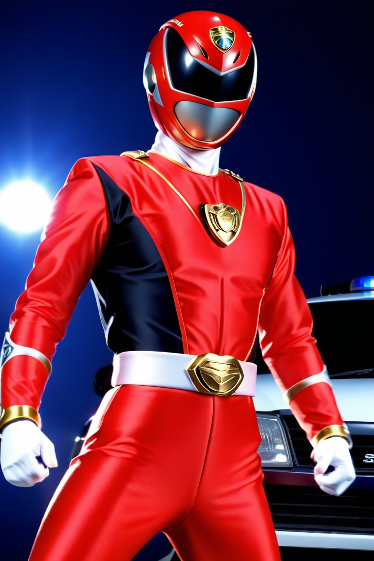 A solo Super Sentai hero in a bold red and black costume stands proudly against a simple,  dark blue background. The light...