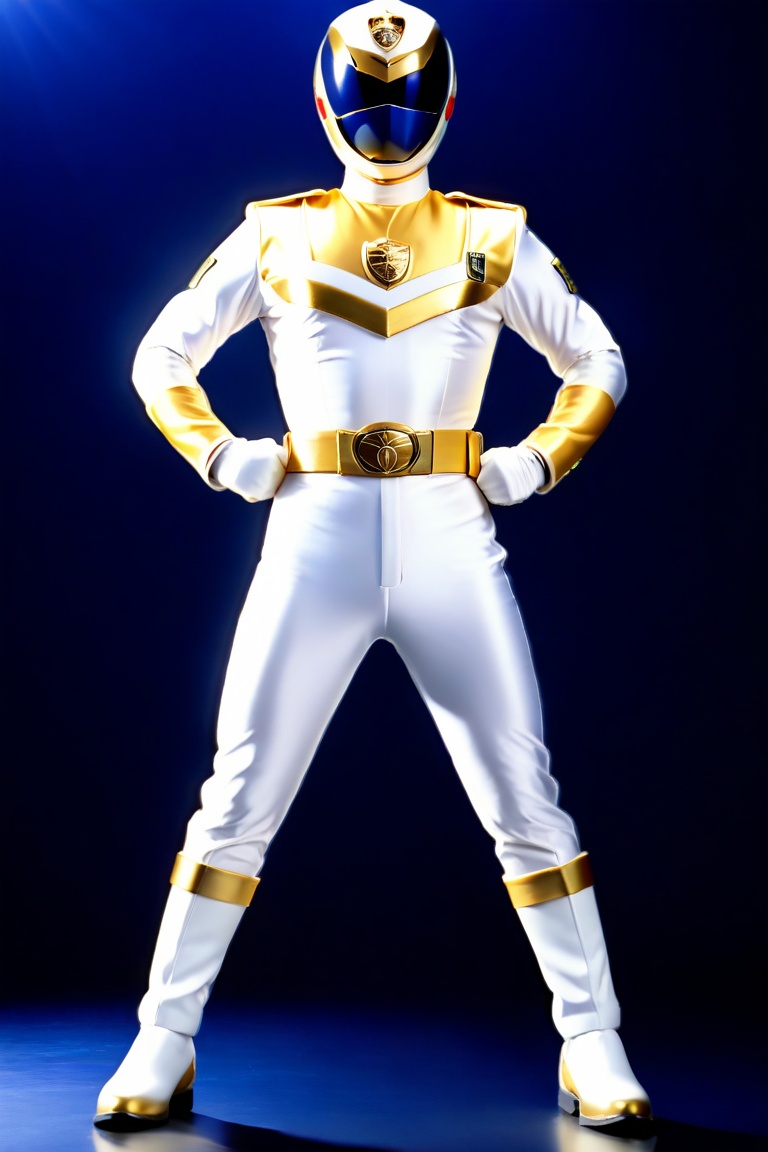 A solo Super Sentai hero in a bold white and navy costume and gold line color stands proudly against a simple,  dark blue...