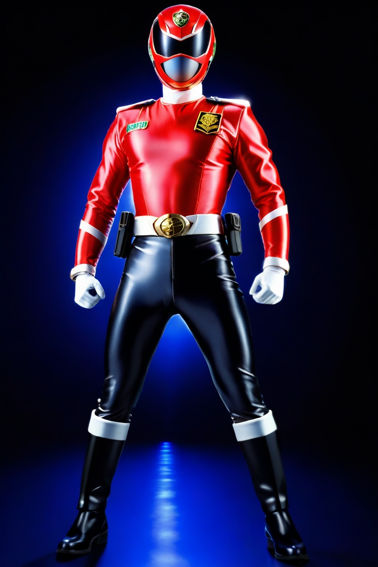 A solo Super Sentai hero in a bold red and black costume stands proudly against a simple,  dark blue background. The light...