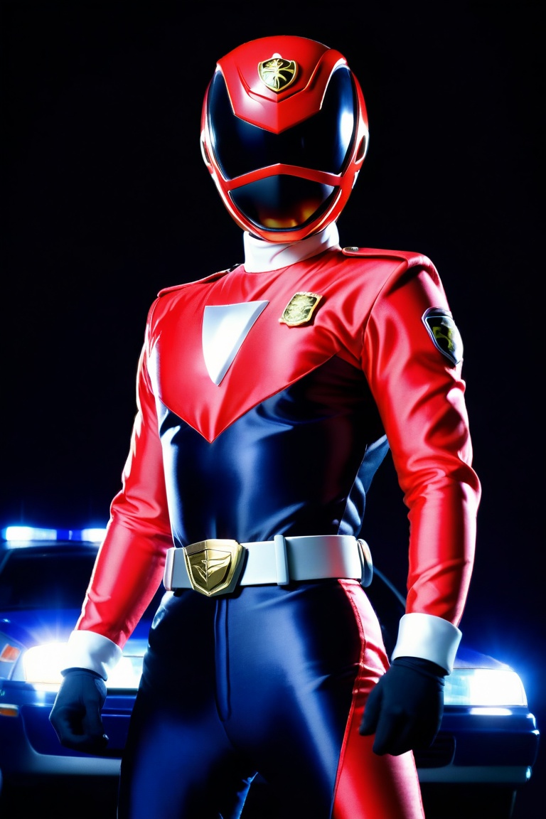 A solo Super Sentai hero in a bold red and black costume stands proudly against a simple,  dark blue background. The light...