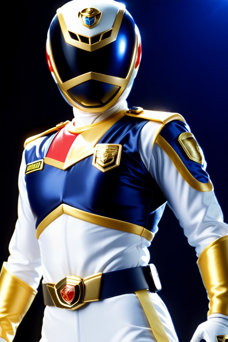 A solo Super Sentai hero in a bold white and navy costume and gold line color stands proudly against a simple,  dark blue...