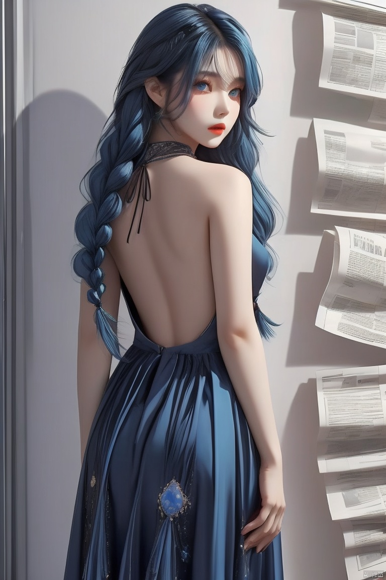 1 girl, blue hair, blue double braids, blue eyes (like sapphire), formal dress, semi backless, neckband, skirt, newspaper wall background