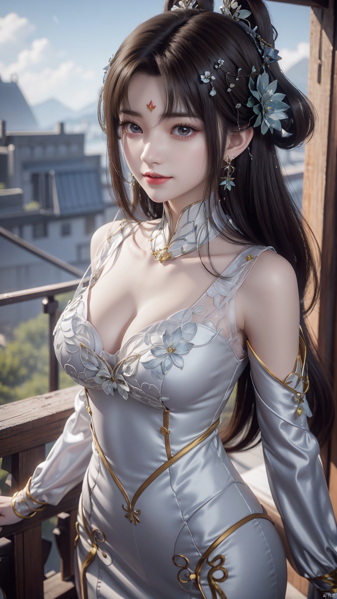 1girl, forehead mark, jewelry, earrings, facial mark, solo, hair rings, hair ornament, looking at viewer, dress, mischevious smile, perfect body, scenery, sharp focus, best quality, masterpiece, detailed outfit, illustration, perfect eyes, finely detailed beautiful anime eyes, realistic skin, intricate details, best lighting, depth of field, ultra high resolution,cowboy_shot, dynamic pose, dynamic angle,