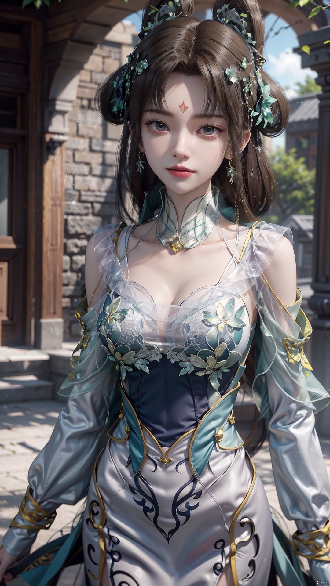 1girl, forehead mark, jewelry, hair rings, dress, mischevious smile, perfect body, scenery, sharp focus, best quality, masterpiece, detailed outfit, illustration, perfect eyes, finely detailed beautiful anime eyes, realistic skin, intricate details, best lighting, depth of field, ultra high resolution,cowboy_shot, dynamic pose, dynamic angle,