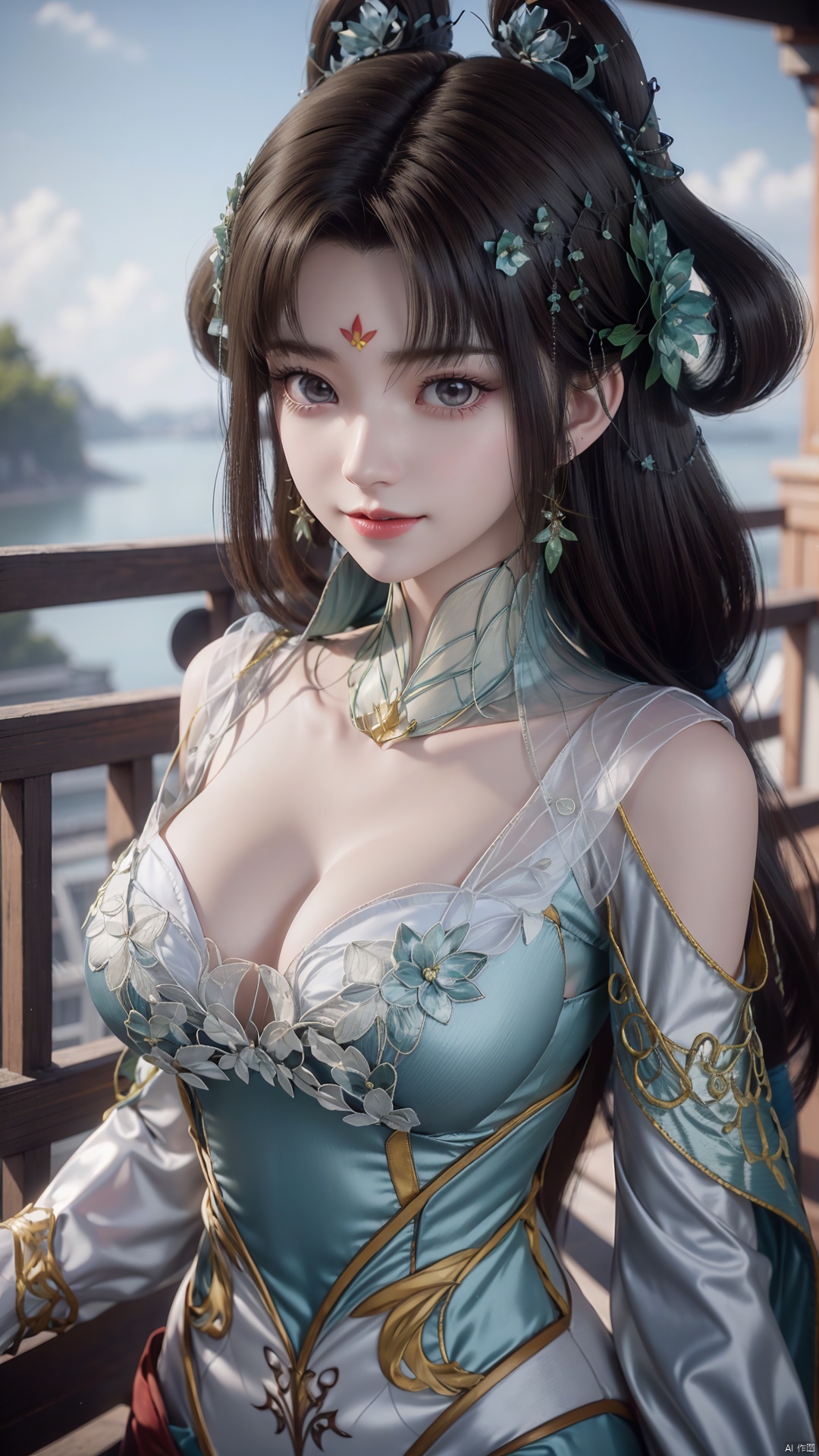 1girl, forehead mark, jewelry, earrings, facial mark, solo, hair rings, hair ornament, looking at viewer, dress, mischevious smile, perfect body, scenery, sharp focus, best quality, masterpiece, detailed outfit, illustration, perfect eyes, finely detailed beautiful anime eyes, realistic skin, intricate details, best lighting, depth of field, ultra high resolution,cowboy_shot, dynamic pose, dynamic angle,
