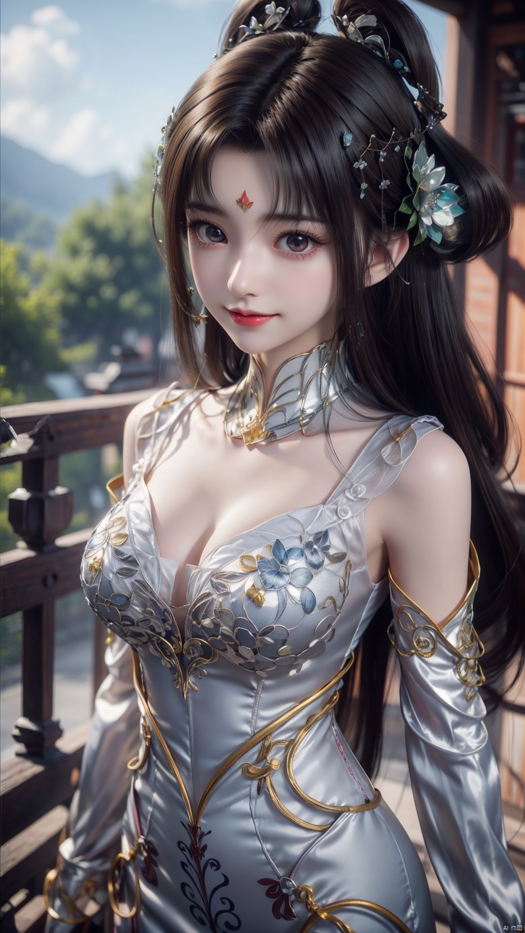 1girl, forehead mark, jewelry, hair rings, dress, mischevious smile, perfect body, scenery, sharp focus, best quality, masterpiece, detailed outfit, illustration, perfect eyes, finely detailed beautiful anime eyes, realistic skin, intricate details, best lighting, depth of field, ultra high resolution,cowboy_shot, dynamic pose, dynamic angle,