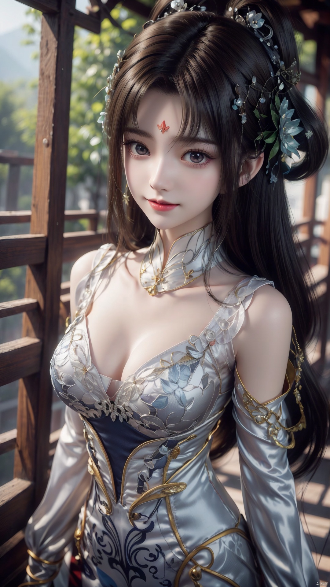 1girl, forehead mark, jewelry, hair rings, dress, mischevious smile, perfect body, scenery, sharp focus, best quality, masterpiece, detailed outfit, illustration, perfect eyes, finely detailed beautiful anime eyes, realistic skin, intricate details, best lighting, depth of field, ultra high resolution,cowboy_shot, dynamic pose, dynamic angle,