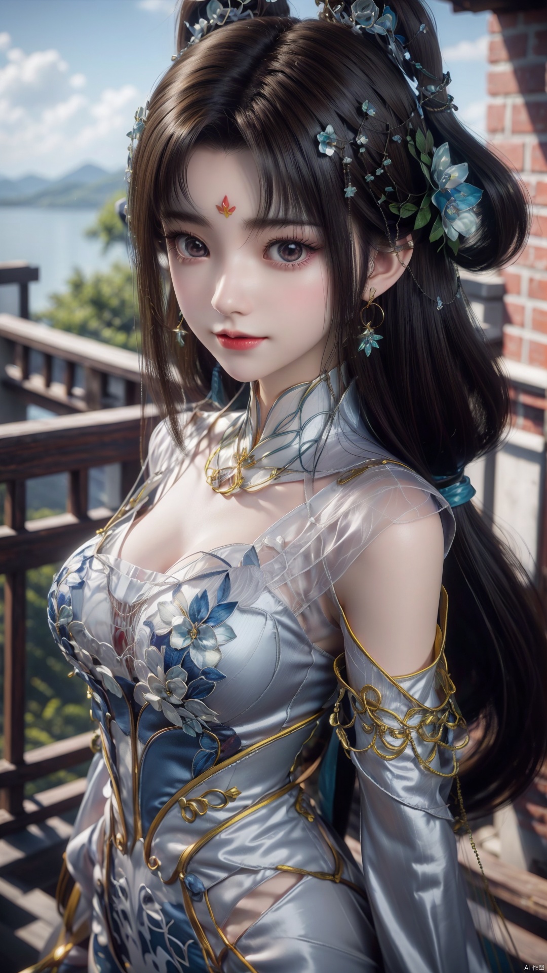 1girl, forehead mark, jewelry, earrings, facial mark, solo, hair rings, hair ornament, looking at viewer, dress, mischevious smile, perfect body, scenery, sharp focus, best quality, masterpiece, detailed outfit, illustration, perfect eyes, finely detailed beautiful anime eyes, realistic skin, intricate details, best lighting, depth of field, ultra high resolution,cowboy_shot, dynamic pose, dynamic angle,