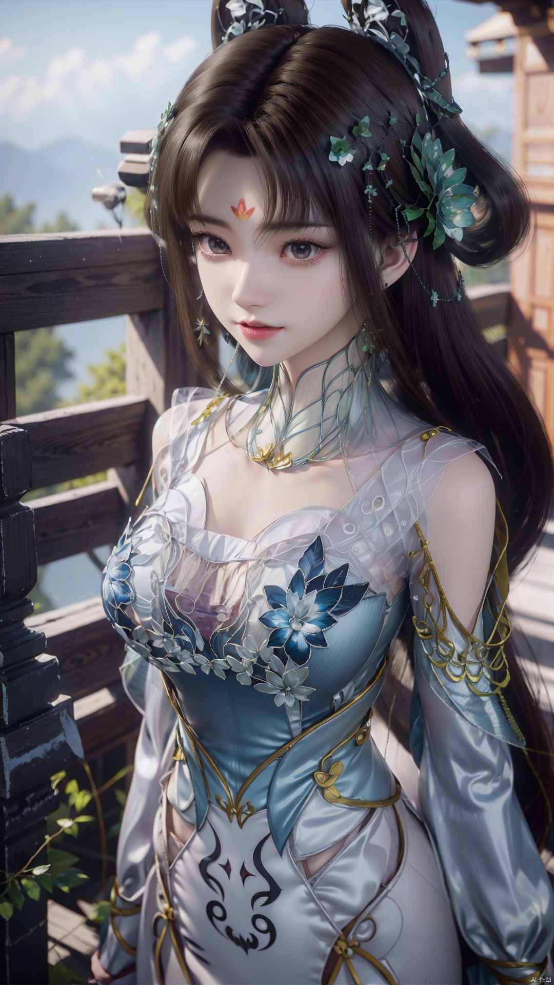 1girl, forehead mark, jewelry, earrings, facial mark, solo, hair rings, hair ornament, looking at viewer, dress, mischevious smile, perfect body, scenery, sharp focus, best quality, masterpiece, detailed outfit, illustration, perfect eyes, finely detailed beautiful anime eyes, realistic skin, intricate details, best lighting, depth of field, ultra high resolution,cowboy_shot, dynamic pose, dynamic angle,