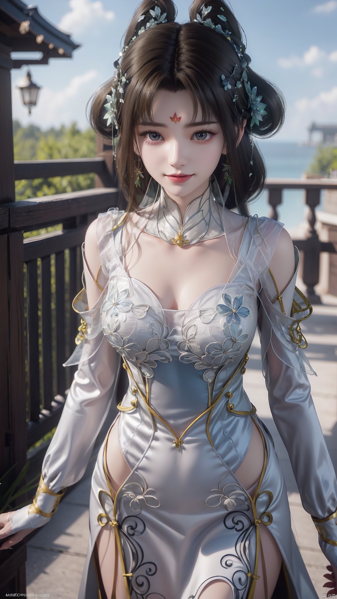 1girl, forehead mark, jewelry, hair rings, dress, mischevious smile, perfect body, scenery, sharp focus, best quality, masterpiece, detailed outfit, illustration, perfect eyes, finely detailed beautiful anime eyes, realistic skin, intricate details, best lighting, depth of field, ultra high resolution,cowboy_shot, dynamic pose, dynamic angle,