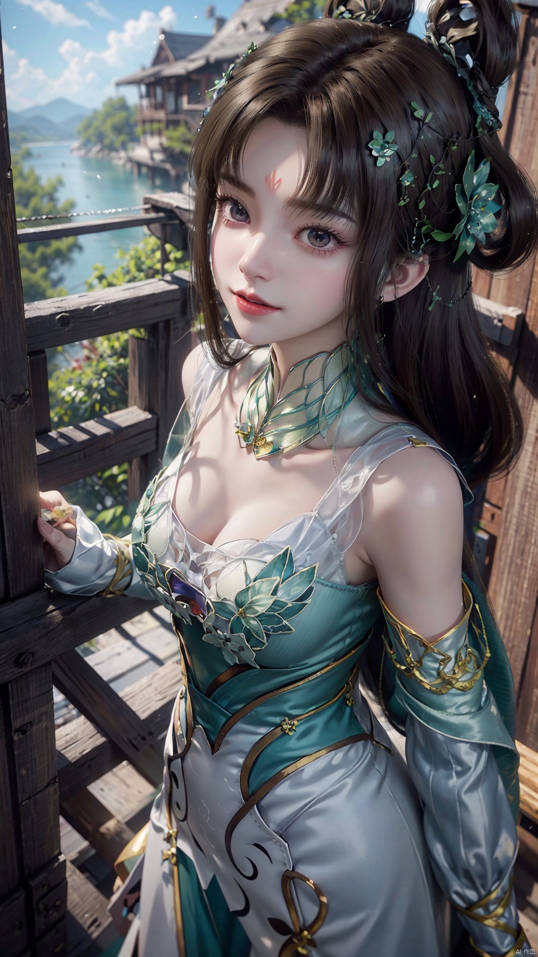 1girl, forehead mark, jewelry, hair rings, dress, mischevious smile, perfect body, scenery, sharp focus, best quality, masterpiece, detailed outfit, illustration, perfect eyes, finely detailed beautiful anime eyes, realistic skin, intricate details, best lighting, depth of field, ultra high resolution,cowboy_shot, dynamic pose, dynamic angle,