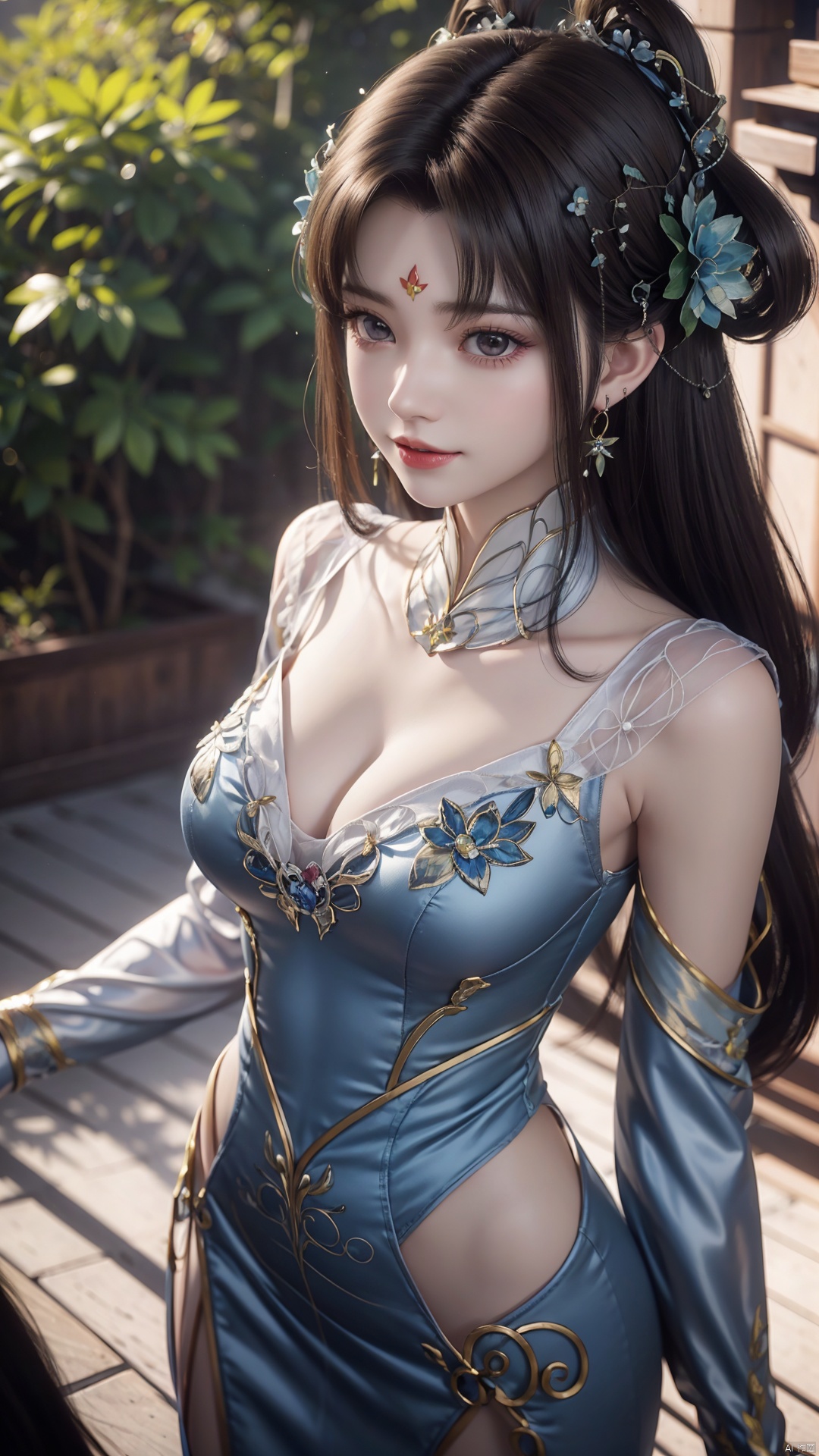 1girl, forehead mark, jewelry, earrings, facial mark, solo, hair rings, hair ornament, looking at viewer, dress, mischevious smile, perfect body, scenery, sharp focus, best quality, masterpiece, detailed outfit, illustration, perfect eyes, finely detailed beautiful anime eyes, realistic skin, intricate details, best lighting, depth of field, ultra high resolution,cowboy_shot, dynamic pose, dynamic angle,