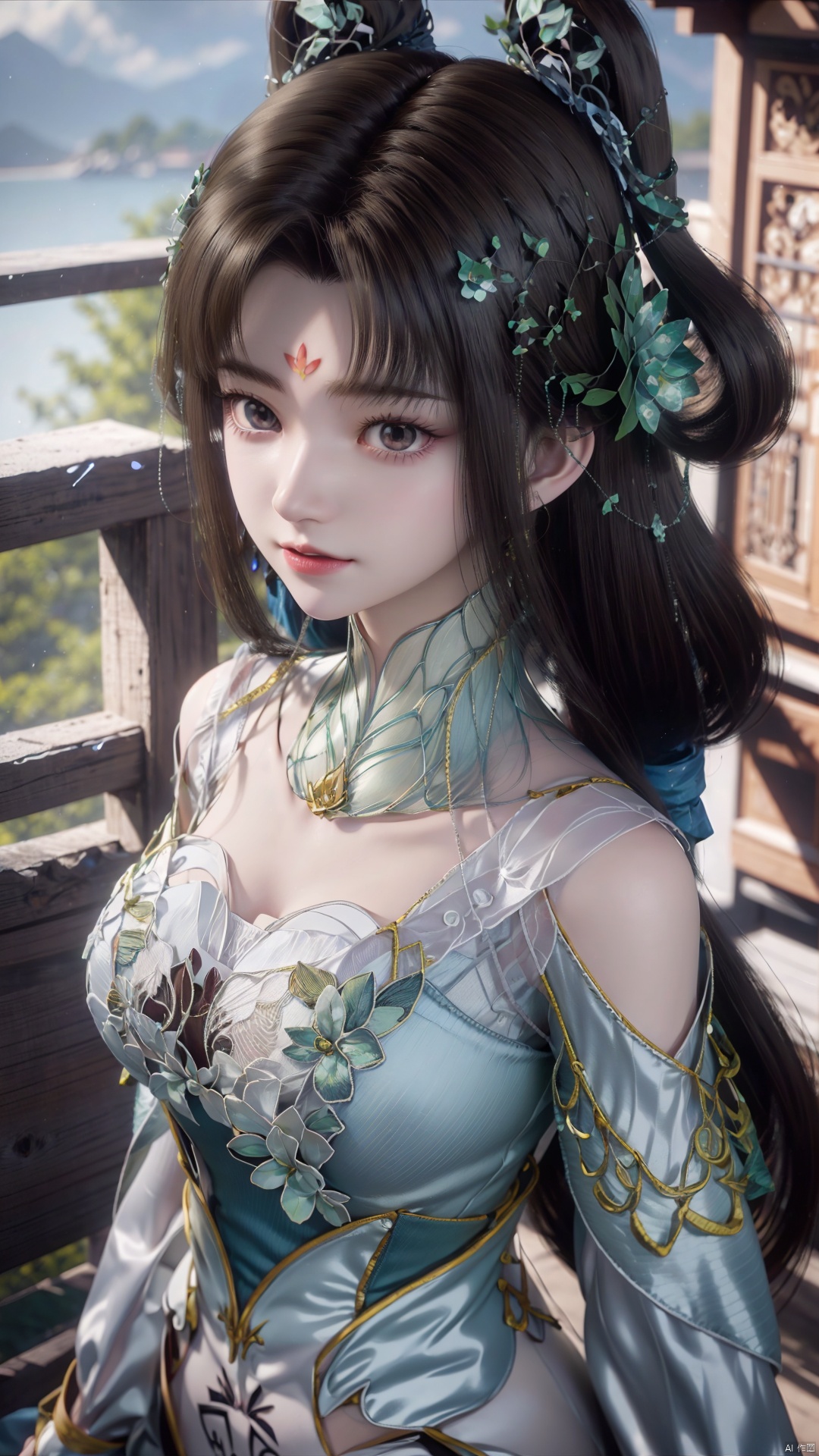 1girl, forehead mark, jewelry, earrings, facial mark, solo, hair rings, hair ornament, looking at viewer, dress, mischevious smile, perfect body, scenery, sharp focus, best quality, masterpiece, detailed outfit, illustration, perfect eyes, finely detailed beautiful anime eyes, realistic skin, intricate details, best lighting, depth of field, ultra high resolution,cowboy_shot, dynamic pose, dynamic angle,