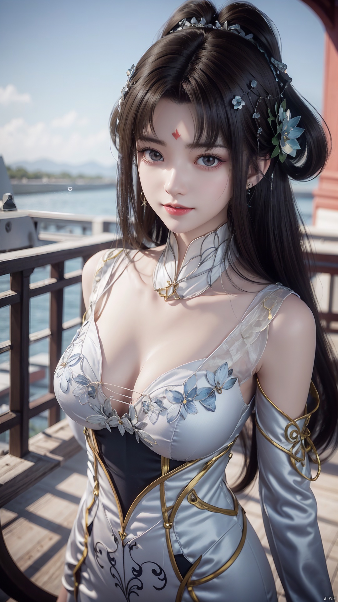1girl, forehead mark, jewelry, earrings, facial mark, solo, hair rings, hair ornament, looking at viewer, dress, mischevious smile, perfect body, scenery, sharp focus, best quality, masterpiece, detailed outfit, illustration, perfect eyes, finely detailed beautiful anime eyes, realistic skin, intricate details, best lighting, depth of field, ultra high resolution,cowboy_shot, dynamic pose, dynamic angle,