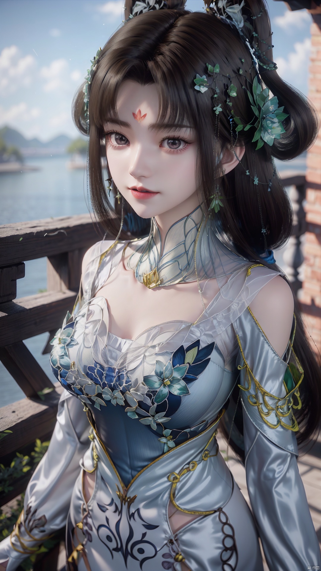 1girl, forehead mark, jewelry, earrings, facial mark, solo, hair rings, hair ornament, looking at viewer, dress, mischevious smile, perfect body, scenery, sharp focus, best quality, masterpiece, detailed outfit, illustration, perfect eyes, finely detailed beautiful anime eyes, realistic skin, intricate details, best lighting, depth of field, ultra high resolution,cowboy_shot, dynamic pose, dynamic angle,