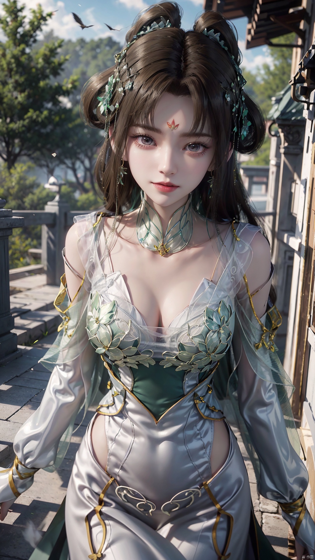 1girl, forehead mark, jewelry, hair rings, dress, mischevious smile, perfect body, scenery, sharp focus, best quality, masterpiece, detailed outfit, illustration, perfect eyes, finely detailed beautiful anime eyes, realistic skin, intricate details, best lighting, depth of field, ultra high resolution,cowboy_shot, dynamic pose, dynamic angle,