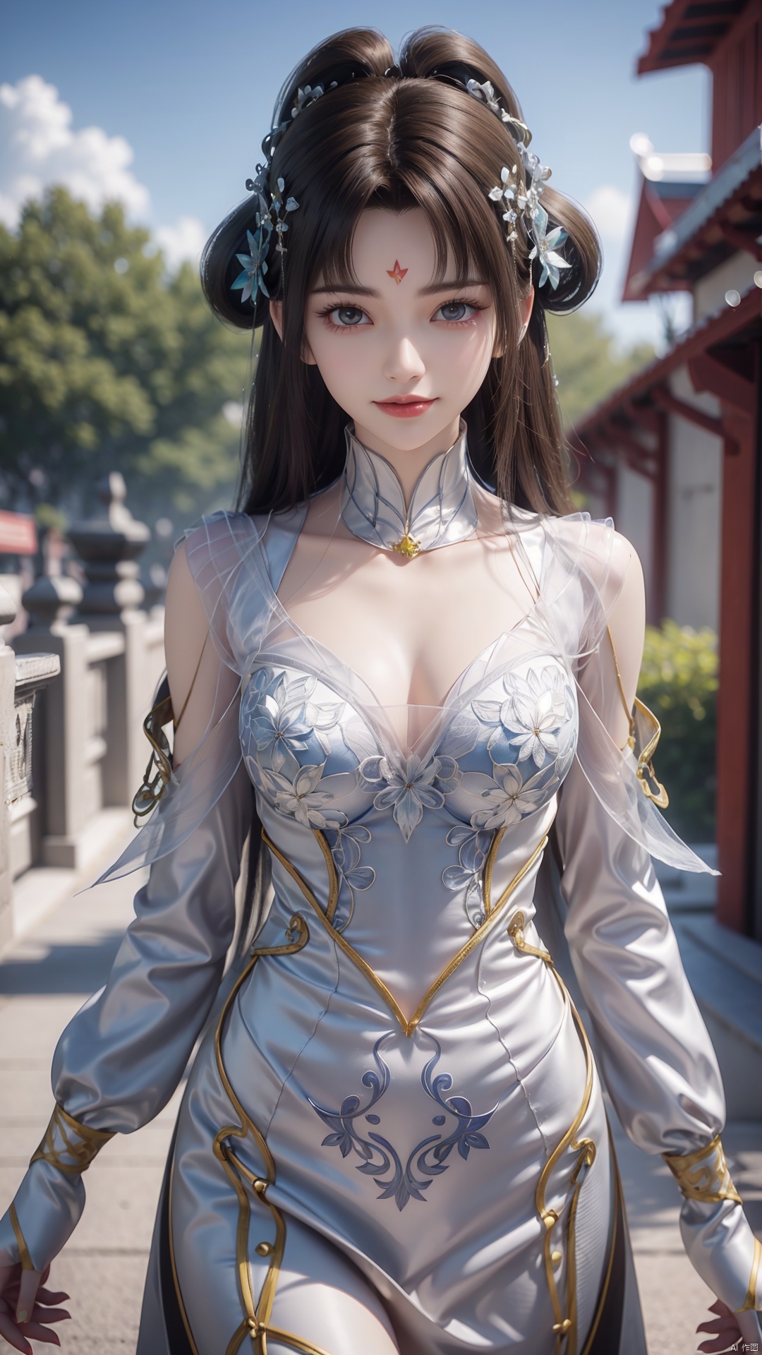 1girl, forehead mark, jewelry, hair rings, dress, mischevious smile, perfect body, scenery, sharp focus, best quality, masterpiece, detailed outfit, illustration, perfect eyes, finely detailed beautiful anime eyes, realistic skin, intricate details, best lighting, depth of field, ultra high resolution,cowboy_shot, dynamic pose, dynamic angle,