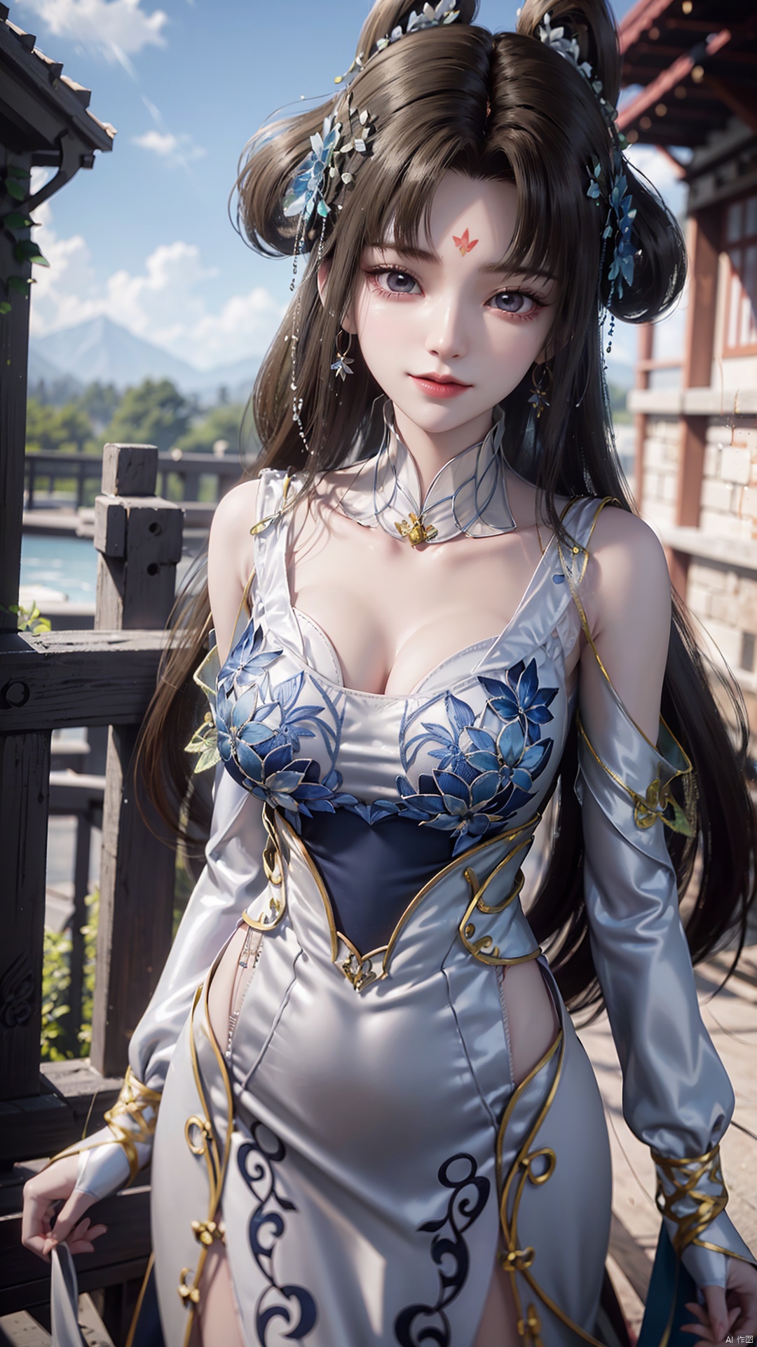 1girl, forehead mark, jewelry, hair rings, dress, mischevious smile, perfect body, scenery, sharp focus, best quality, masterpiece, detailed outfit, illustration, perfect eyes, finely detailed beautiful anime eyes, realistic skin, intricate details, best lighting, depth of field, ultra high resolution,cowboy_shot, dynamic pose, dynamic angle,