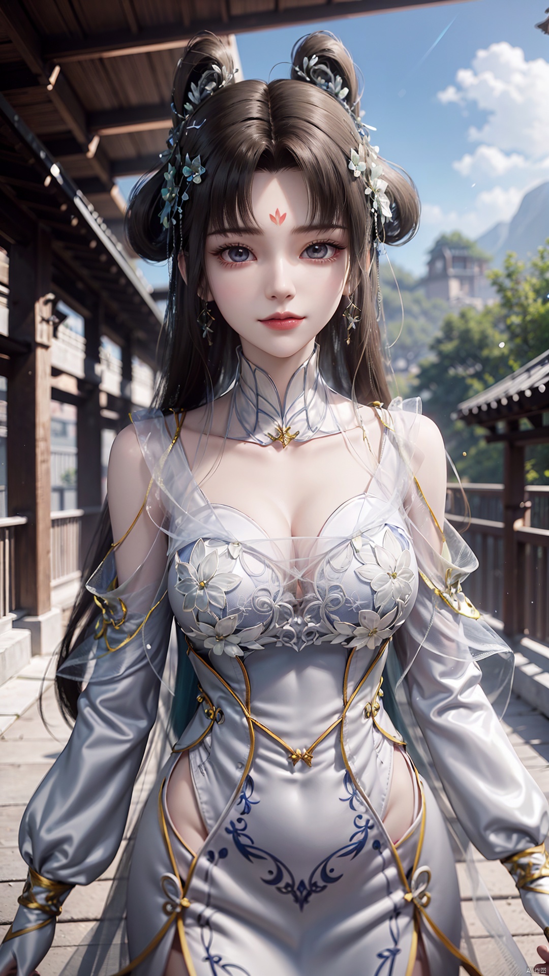 1girl, forehead mark, jewelry, hair rings, dress, mischevious smile, perfect body, scenery, sharp focus, best quality, masterpiece, detailed outfit, illustration, perfect eyes, finely detailed beautiful anime eyes, realistic skin, intricate details, best lighting, depth of field, ultra high resolution,cowboy_shot, dynamic pose, dynamic angle,