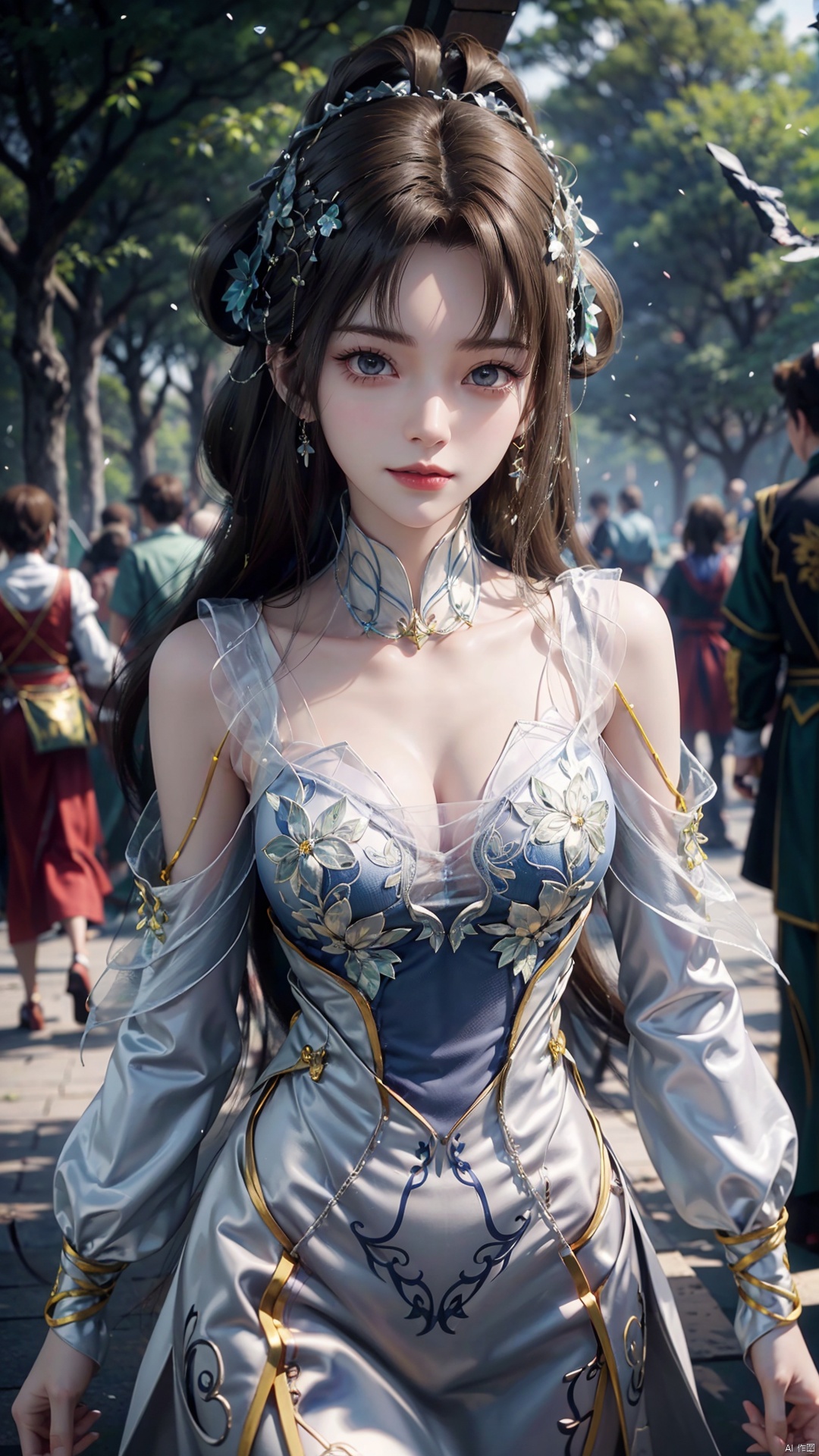 1girl, forehead mark, jewelry, hair rings, dress, mischevious smile, perfect body, scenery, sharp focus, best quality, masterpiece, detailed outfit, illustration, perfect eyes, finely detailed beautiful anime eyes, realistic skin, intricate details, best lighting, depth of field, ultra high resolution,cowboy_shot, dynamic pose, dynamic angle,