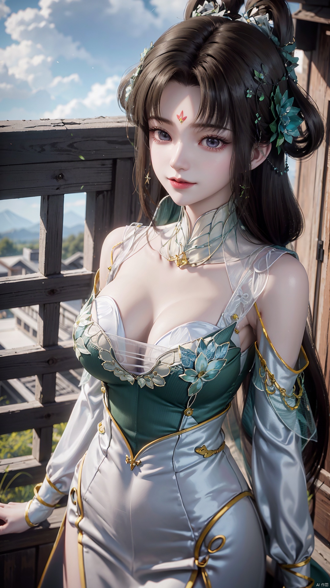 1girl, forehead mark, jewelry, hair rings, dress, mischevious smile, perfect body, scenery, sharp focus, best quality, masterpiece, detailed outfit, illustration, perfect eyes, finely detailed beautiful anime eyes, realistic skin, intricate details, best lighting, depth of field, ultra high resolution,cowboy_shot, dynamic pose, dynamic angle,