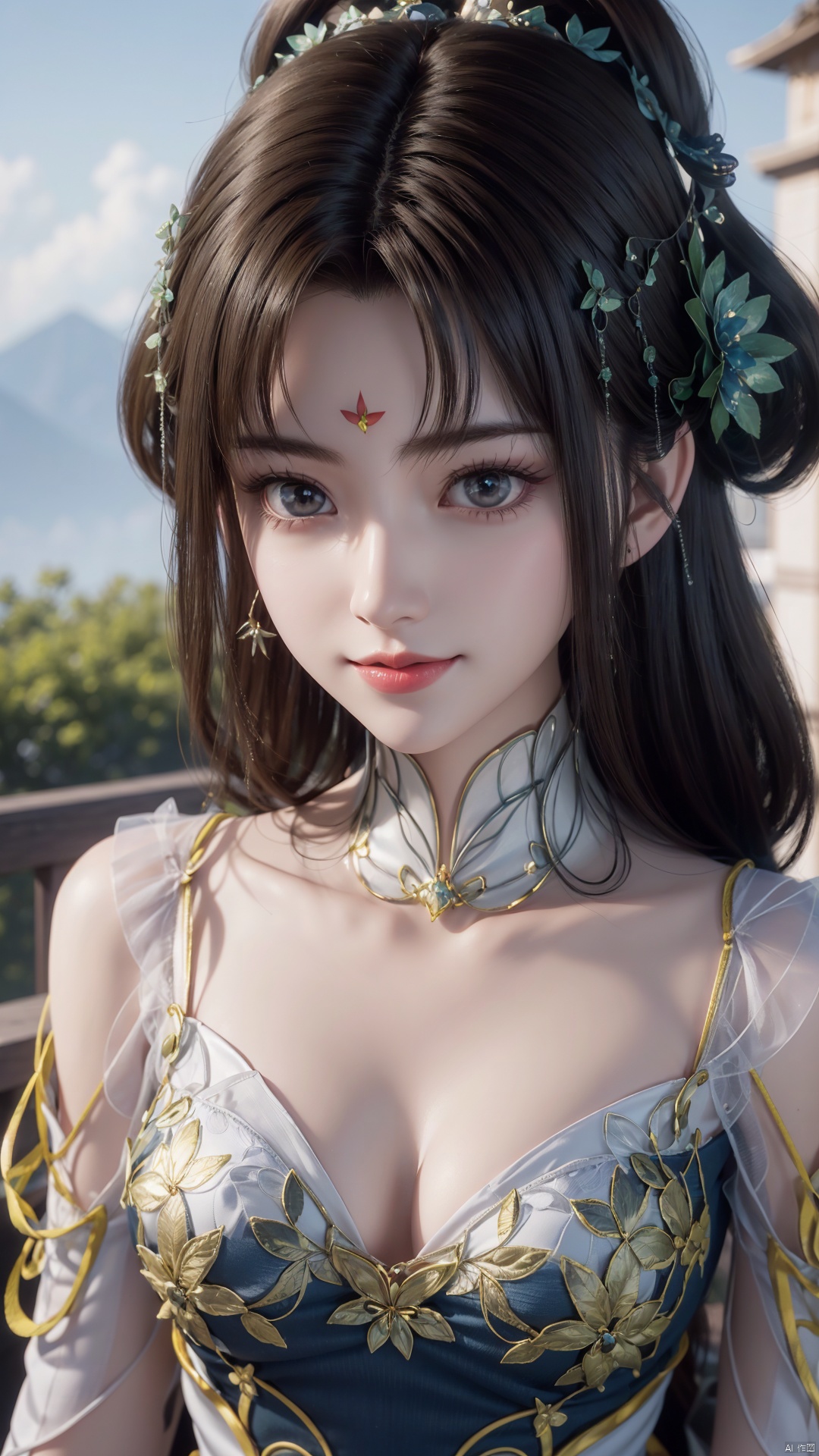 1girl, forehead mark, jewelry, hair rings, dress, mischevious smile, perfect body, scenery, sharp focus, best quality, masterpiece, detailed outfit, illustration, perfect eyes, finely detailed beautiful anime eyes, realistic skin, intricate details, best lighting, depth of field, ultra high resolution,cowboy_shot, dynamic pose, dynamic angle,