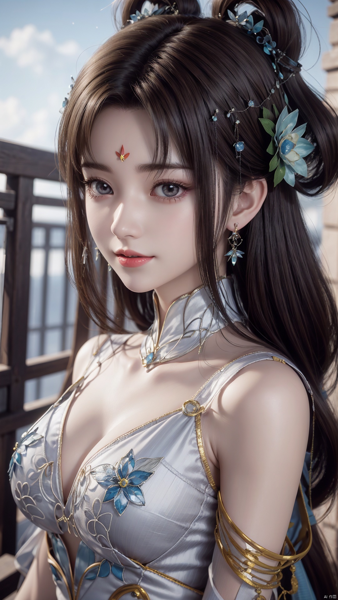 1girl, forehead mark, jewelry, earrings, facial mark, solo, hair rings, hair ornament, looking at viewer, dress, mischevious smile, perfect body, scenery, sharp focus, best quality, masterpiece, detailed outfit, illustration, perfect eyes, finely detailed beautiful anime eyes, realistic skin, intricate details, best lighting, depth of field, ultra high resolution,cowboy_shot, dynamic pose, dynamic angle,