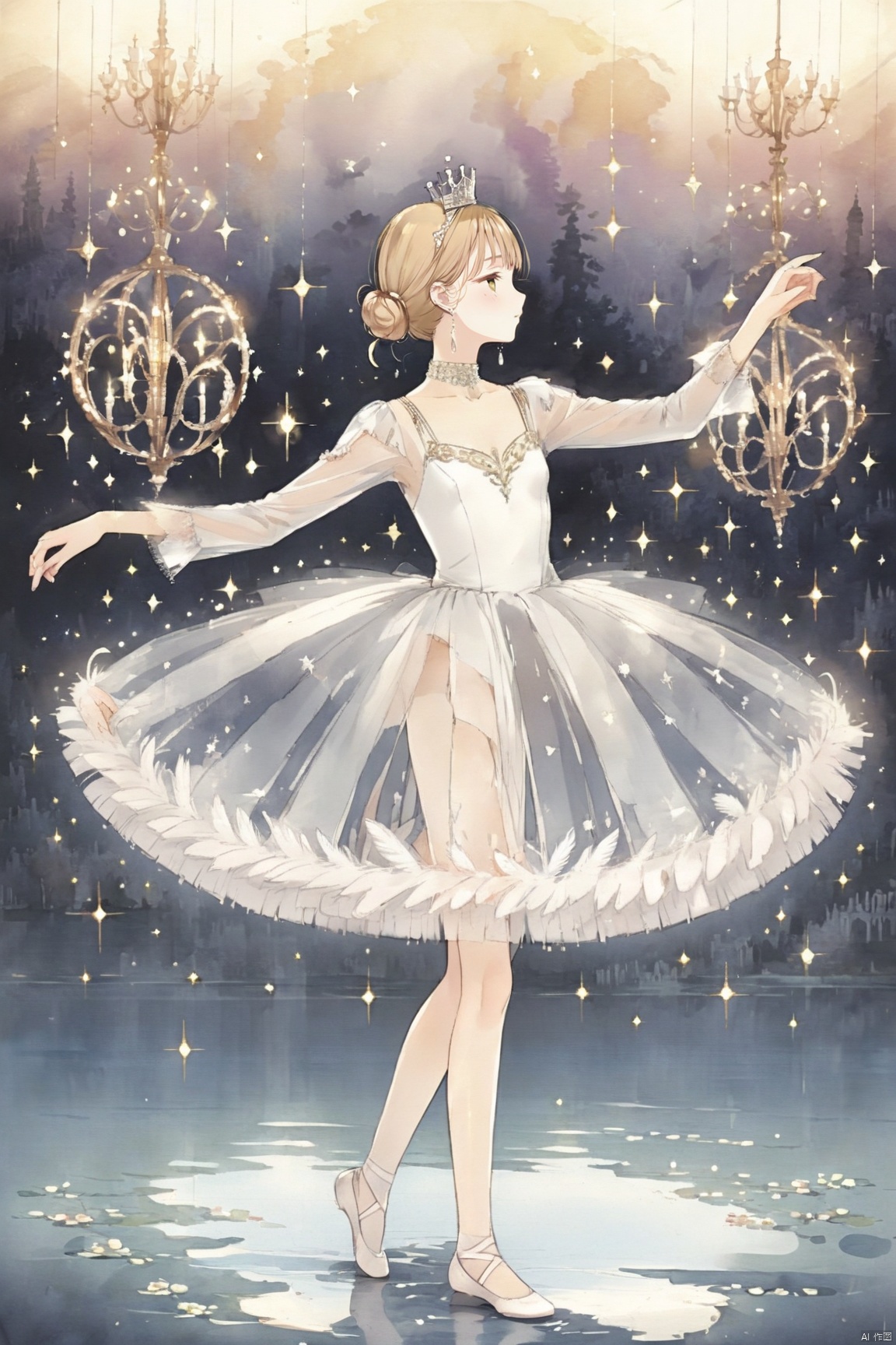 ballet,ballerina,dress,closed eyes,jewelry,single hair bun,hair bun,1girl,earrings,crown,dancing,white dress,blonde hair,solo,long sleeves,profile,feather tutu,sparkle,tiara,makeup,swan lake,dark gothic,dreamy,