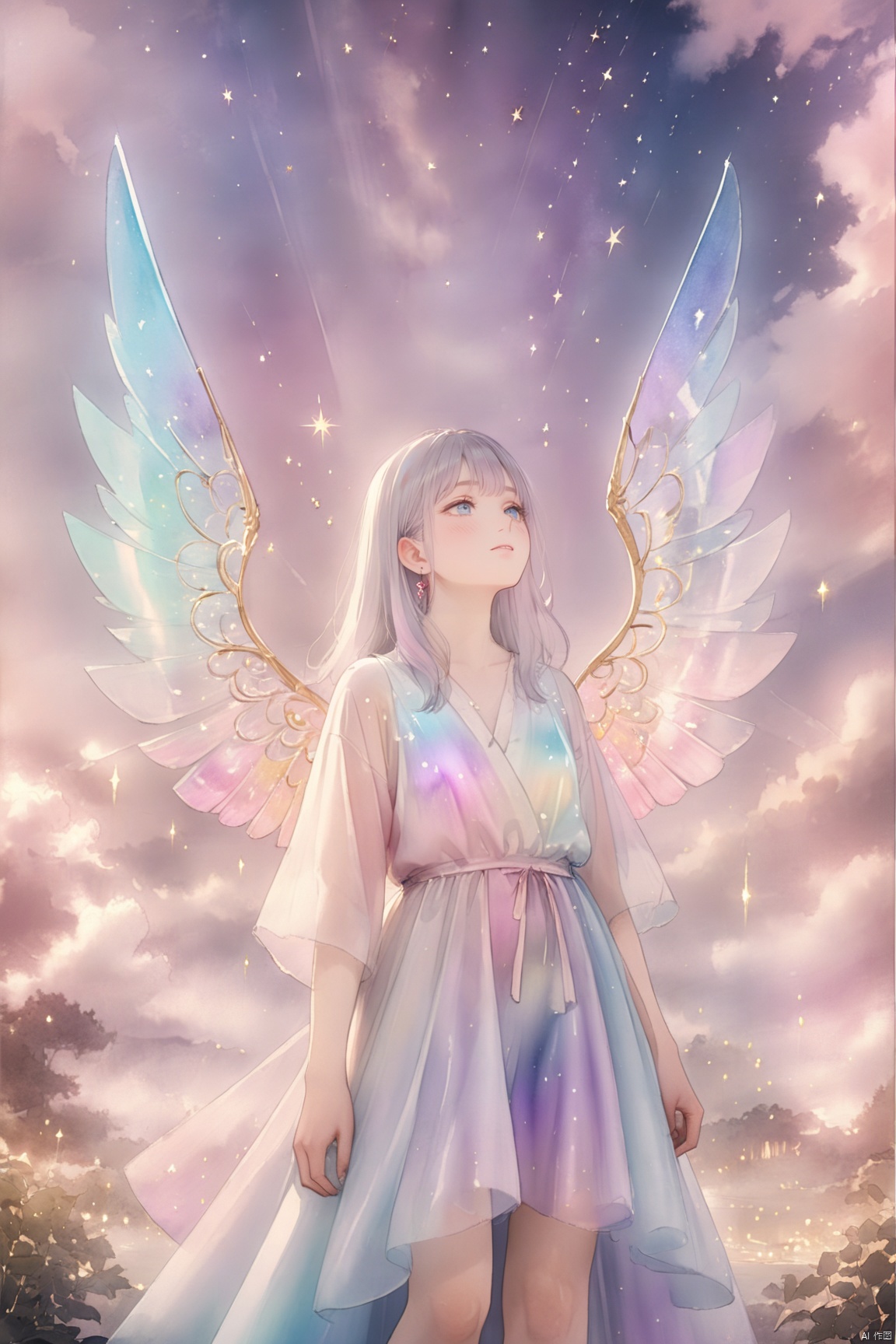 (masterpiece, best quality, CGI, official art:1.2), (stunning celestial being:1.3), (iridescent wings:1.4), shimmering silver hair, piercing sapphire eyes, gentle smile, (luminous aura:1.2), soft focus, whimsical atmosphere, serene emotion, dreamy tone, vibrant intensity, inspired by Hayao Miyazaki's style, ethereal aesthetic, pastel colors with (soft pink accents:1.1), warm mood, soft golden lighting, diagonal shot, looking up in wonder, surrounded by (delicate clouds:1.1) and (shimmering stardust:1.2), focal point on the being's face, intricate textures on wings and clothes, highly realistic fabric texture, atmospheric mist effect, high image complexity, detailed environment, subtle movement of wings, dynamic energy.