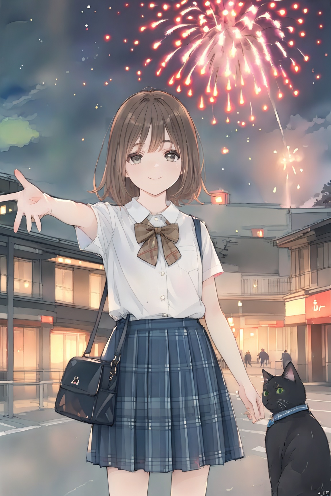 1girl,skirt,fireworks in the sky,shirt,white shirt,cat,brown hair,looking at viewer,bow,short sleeves,smile,solo,school uniform,blue skirt,plaid,blush,bangs,collared shirt,pleated skirt,black cat,plaid skirt,green eyes,reaching towards viewer,bowtie,bag,closed mouth,sky,night,outdoors,red bow,outstretched arm,dress shirt,brown bow,short hair,night sky,