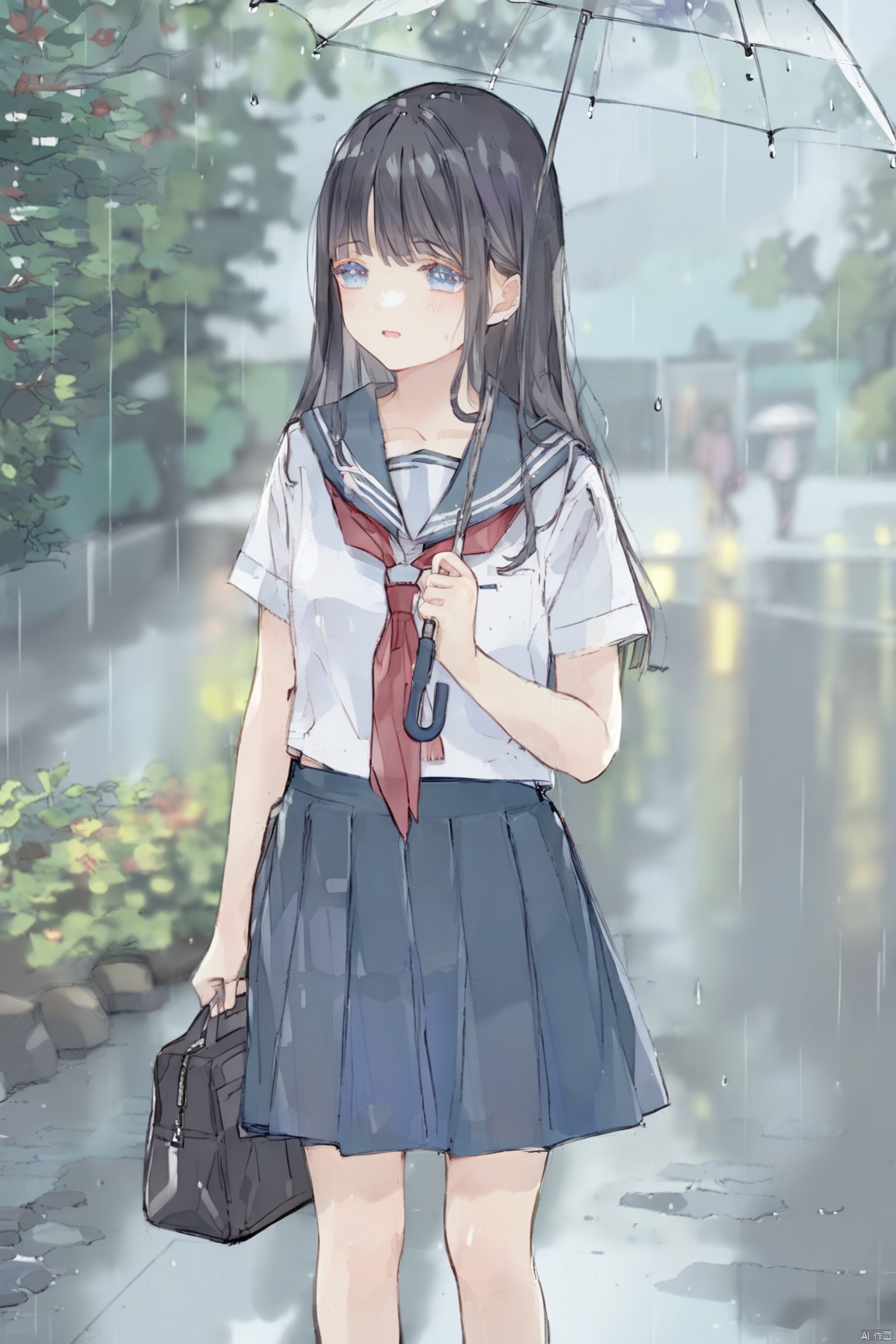 1girl,umbrella,solo,school uniform,holding umbrella,black hair,holding,skirt,serafuku,bag,short sleeves,long hair,shirt,outdoors,neckerchief,blue eyes,bangs,white shirt,pleated skirt,blurry,transparent umbrella,sailor collar,blush,parted lips,rain,blurry background,transparent,school bag,red neckerchief,standing,blue skirt,