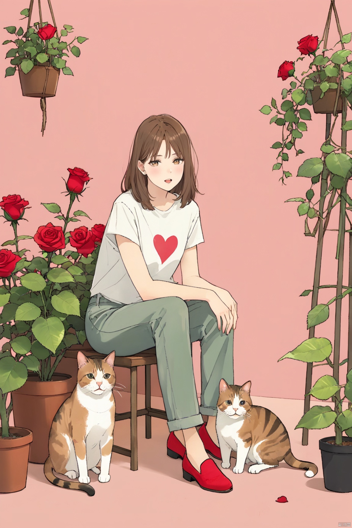 solo,1girl,flower,cat,brown hair,heart,plant,leaf,rose,red footwear,pants,shirt,red flower,shoes,short sleeves,pink background,sitting,