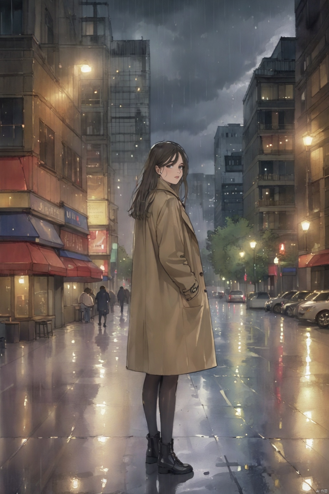 cornell notes sheet with drawing,photo frame,1girl,night city,rain,coat,hands in pockets,