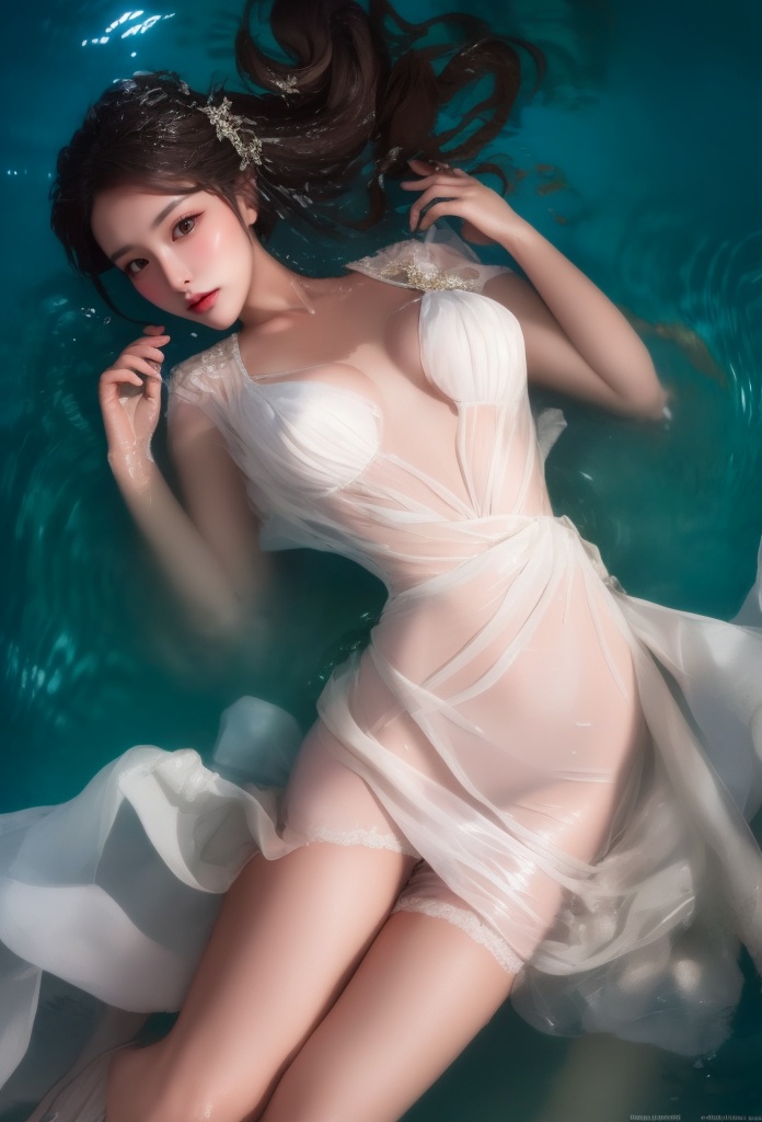 1 beauty lying in the water in a beautiful style,  over her body,  her skin is (wet) on Tensor.Art