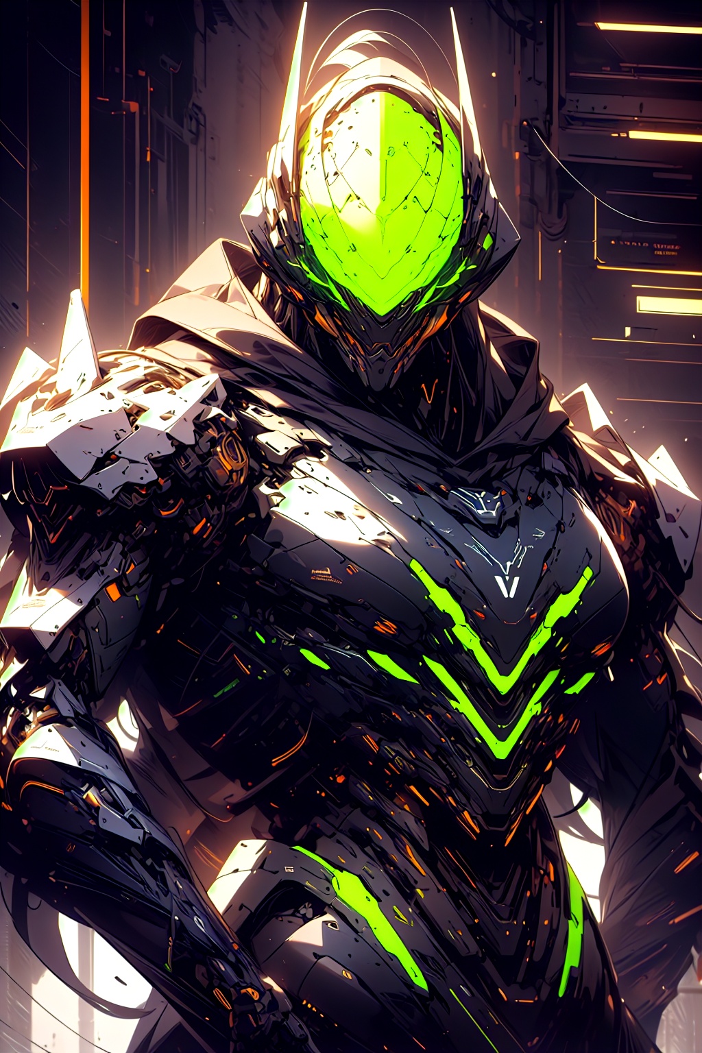 Military cyborg with human face,  wear bulky metal glossy armor and green neon glass helmet. feeling cozy having cup of co...