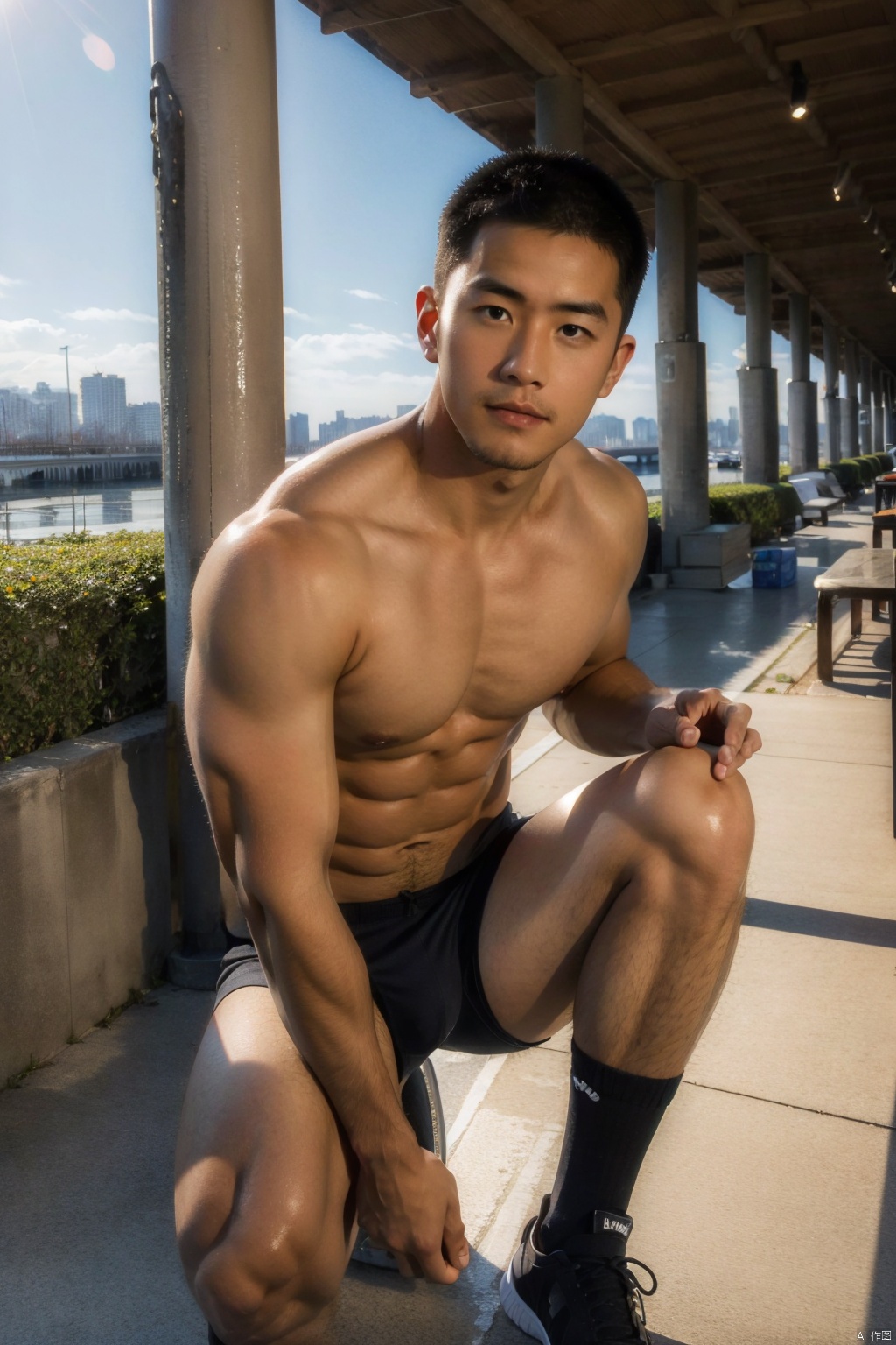 underwear ,1man, male focus,exquisite facial,handsome,charming eyes,solo,asian,short hair, black hair, outdoors, blurry, muscular,abs,kneehigh socks,footwear,blurry background,masterpiece,realistic,best quality,highly detailed,highres,