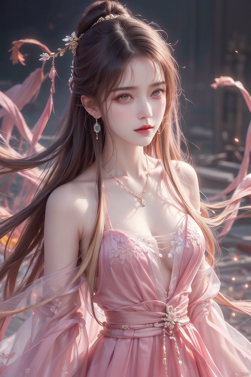  1girl,Bangs, off shoulder, colorful_hair, ((colorful hair)),golden dress, yellow eyes, chest, necklace, pink dress, earrings, floating hair, jewelry, sleeveless, very long hair,Looking at the observer, parted lips, pierced,energy,electricity,magic,tifa,sssr,blonde hair,jujingyi, wangyushan, dofas, forehead mark, (\yan yu\), qingyi