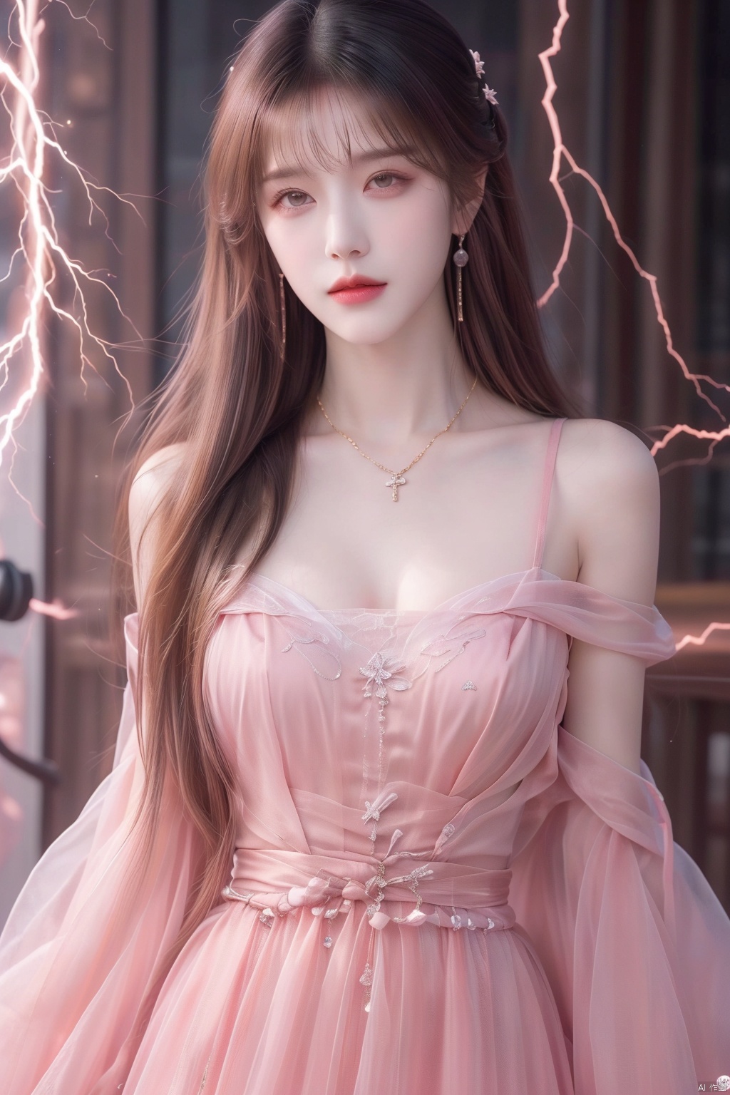  1girl,Bangs, off shoulder, colorful_hair, ((colorful hair)),golden dress, yellow eyes, chest, necklace, pink dress, earrings, floating hair, jewelry, sleeveless, very long hair,Looking at the observer, parted lips, pierced,energy,electricity,magic,tifa,sssr,blonde hair,jujingyi, wangyushan, dofas, forehead mark, (\yan yu\), qingyi