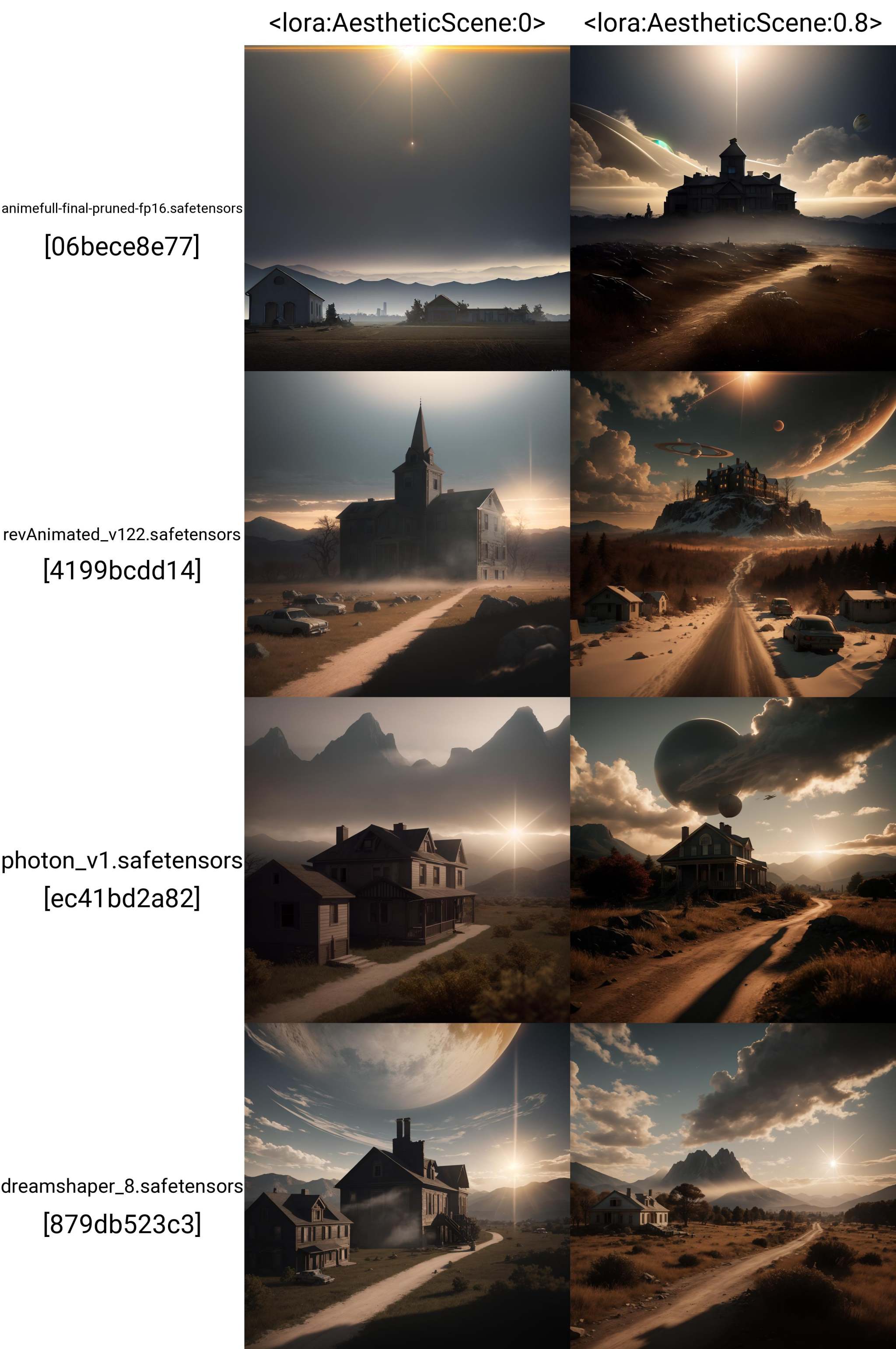 epic ghost city, abanded town, golden hour, misty ground, rocky ground, distant mountains, atmospheric perspective, altostratus clouds, planets, cinematic, 35mm lens, anamorphic lens flare, photographic, octane render, cinematography by roger deakins, in the style of ansel adams, low details, surrealism, colonial house in background,4esthet1c, <lora:AestheticScene:0>