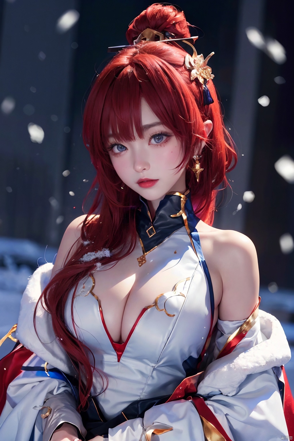 1girl,,head ornament,,,,,,,,ray tracing,{best quality}, {{masterpiece}}, {highres}, original, extremely detailed 8K wallpaper, {an extremely delicate and beautiful},,incredibly_absurdres,colorful,intricate detail,,,,,,,,,,,,,,snowflakes,falling_snow,snowing,cleavage