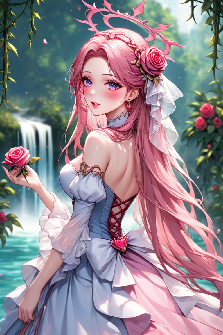 A mesmerizing 8K masterpiece unfolds,  showcasing a stunning 25-year-old girl with light pink,  long hair that cascades do...